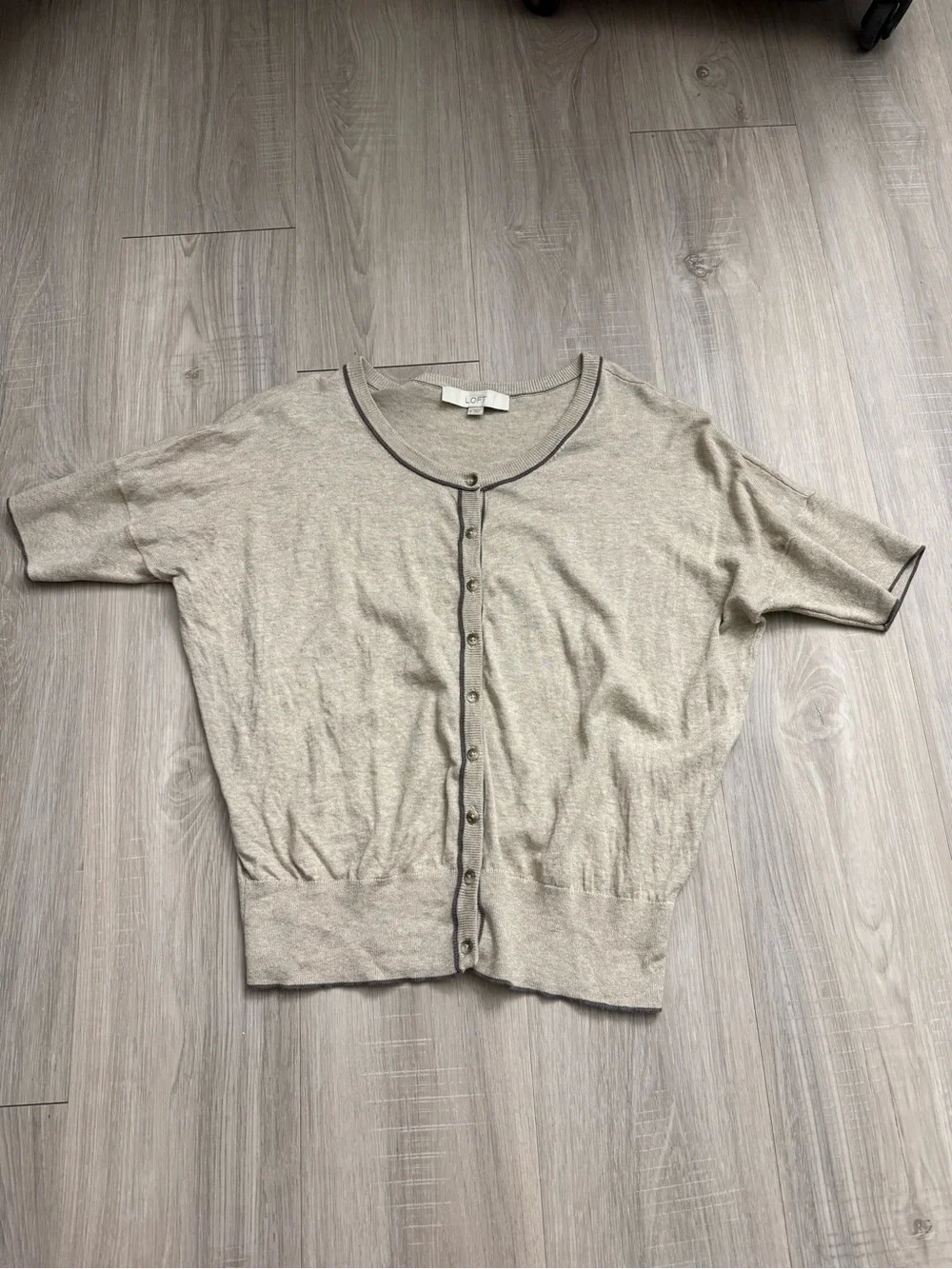LOFT Light Beige Short-Sleeve Button Front Cardigan with Contrast Trim